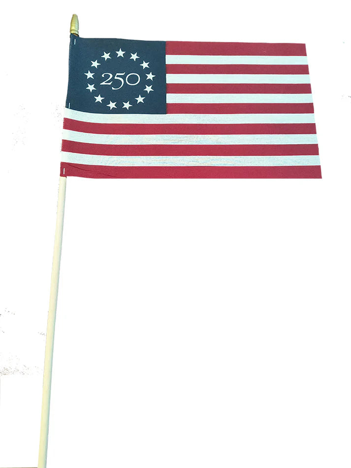 8"x12" America 250 Poly-Cotton Stick Flag with No Sew Hem & Gold Spear