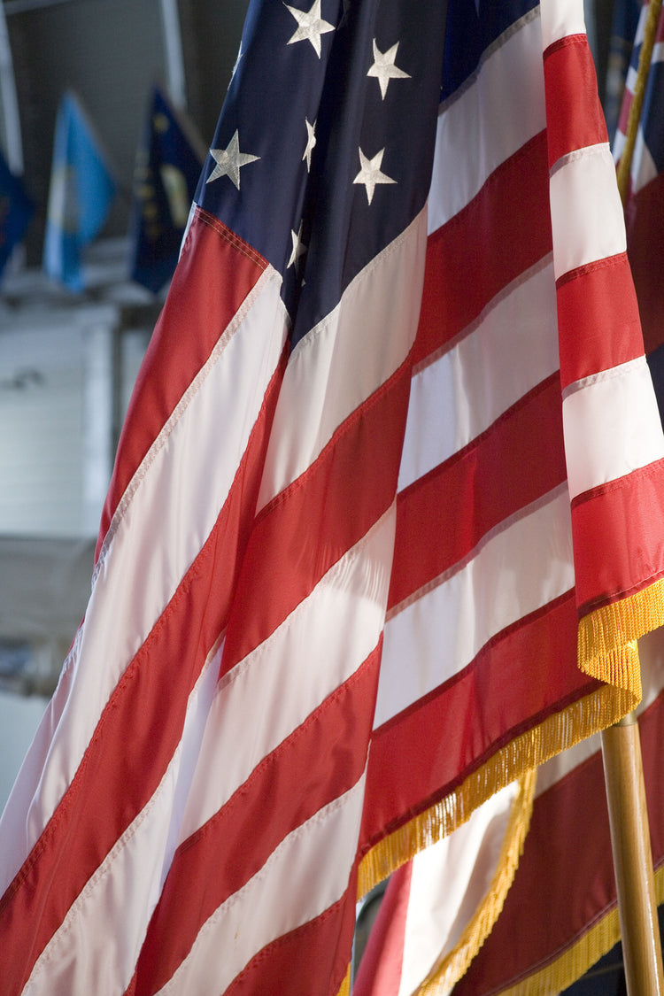 3'x5' fringed American flag for indoor display or parade use. 