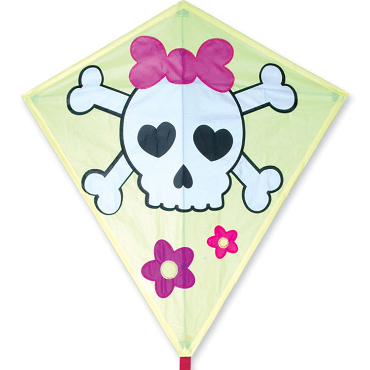 Girlie Skull & Crossbones Nylon Diamond Kite with Tails, Fiberglass & Hardwood Dowel Frame to include 300 ft. 20 lb. Test Line & Winder