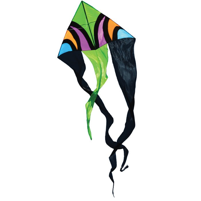 Dashiki Ripstop Nylon Delta Kite with Fiberglass Dowel Frame to include 100 ft. 70 lb. Test Line & Winder & 84" attached tube tail ; 77"x23' - Wind Range 5 ~ 18 mph