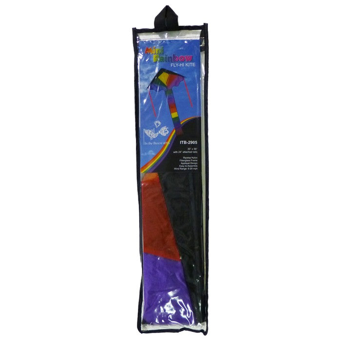 Mini Rainbow Polyester Fly-Hi Easy Flyer Kite with Fiberglass Frame & 24" attached streamer tails to include __ ft. __ lb. Test Line & Winder ; 30"x56" - Wind Range 6 ~ 16 mph