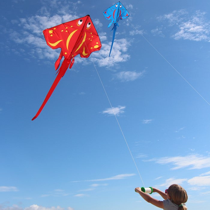 Red Sting Ray Ripstop Nylon Wave Delta Kite with Fiberglass Dowel Frame to include 100 ft. 80 lb. Test Line & Winder & 84" attached tube tail; 72"x134" - Wind Range 5 ~ 20 mph