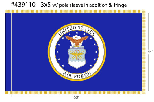 3x5 US Air Force Department Seal Indoor & Parade Nylon Flag with Sleeve & Gold Fringe