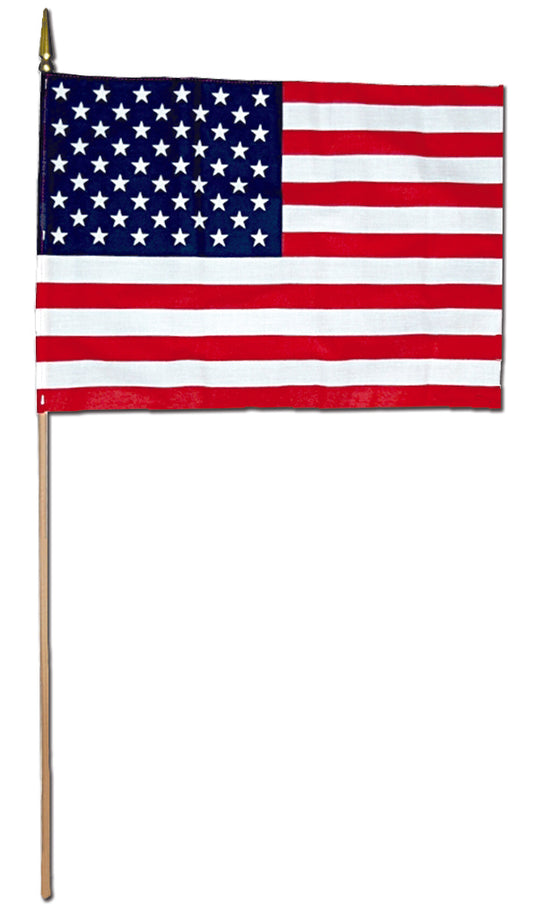 12"x18" US Poly-Cotton Stick Flag with Sewn Hem, Gold Spear, & 3/8" Staff