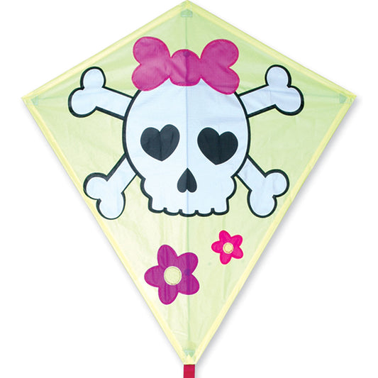 Girlie Skull & Crossbones Nylon Diamond Kite with Tails, Fiberglass & Hardwood Dowel Frame to include 300 ft. 20 lb. Test Line & Winder; 32"x30" - Wind Range 5 ~ 15 mph