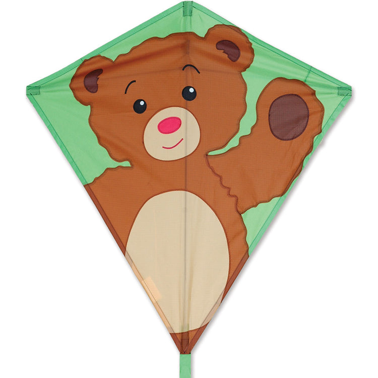 Teddy Bear Nylon Diamond Kite with Tails, Fiberglass & Hardwood Dowel Frame to include 300 ft. 20 lb. Test Line & Winder; 32"x30" - Wind Range 5 ~ 15 mph