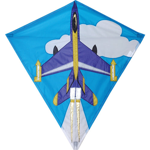 Jet Plane Nylon Diamond Kite with Tails, Fiberglass & Hardwood Dowel Frame to include 300 ft. 20 lb. Test Line & Winder; 32"x30" - Wind Range 5 ~ 15 mph
