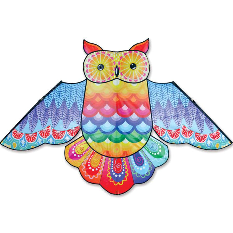 Rainbow Owl Applique Ripstop Polyester Kite with Fiberglass Frame to include 300 ft. 50 lb. Test Line & Winder; 70"x39.5" - Wind Range 5 ~ 15 mph