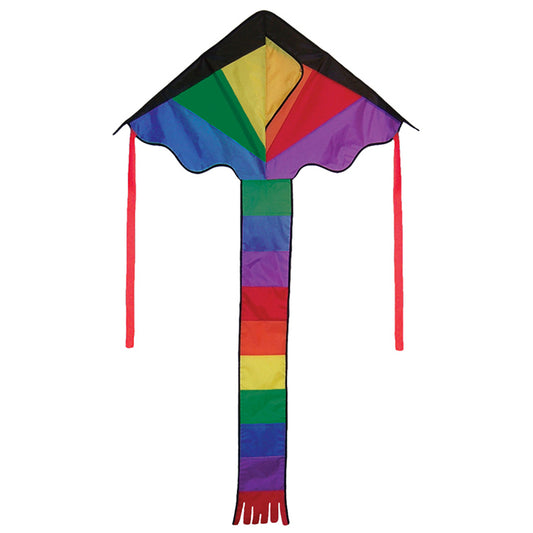 Mini Rainbow Polyester Fly-Hi Easy Flyer Kite with Fiberglass Frame & 24" attached streamer tails to include __ ft. __ lb. Test Line & Winder ; 30"x56" - Wind Range 6 ~ 16 mph