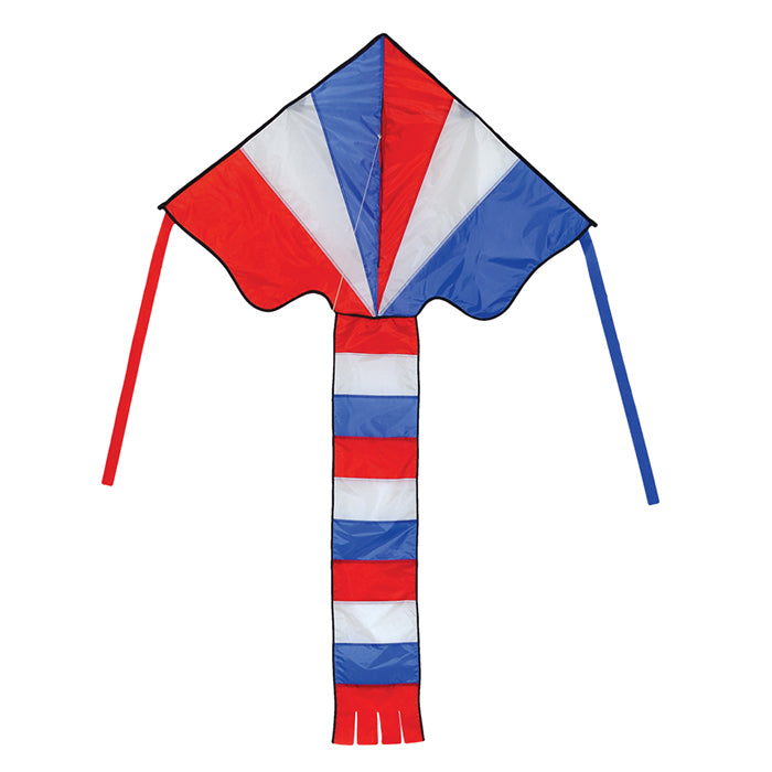 Patriotic Spirit Polyester Fly-Hi Easy Flyer Kite with Fiberglass Frame & 26" attached streamer tails to include __ ft. __ lb. Test Line & Winder ; 46"x72" - Wind Range 6 ~ 20 mph